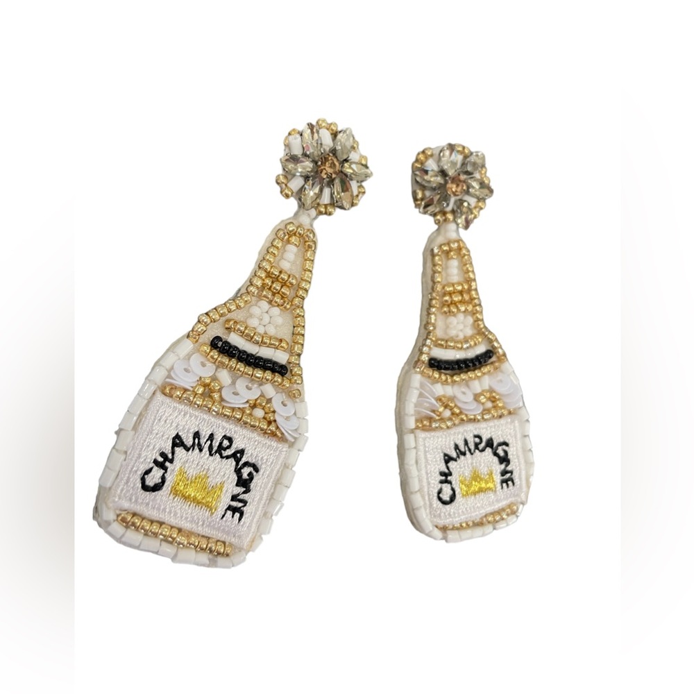 Champagne Bottle Beaded Drop Earrings - White & Gold